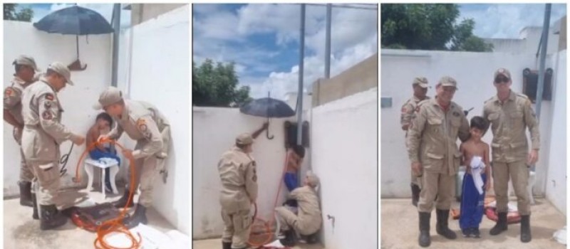 Corpo de Bombeiros resgata crian�a ap�s ficar presa entre poste e parede em Patos