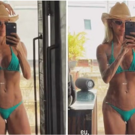 De biqu�ni, Deborah Secco exibe 'shape' no espelho: 'Eu e o Sol'